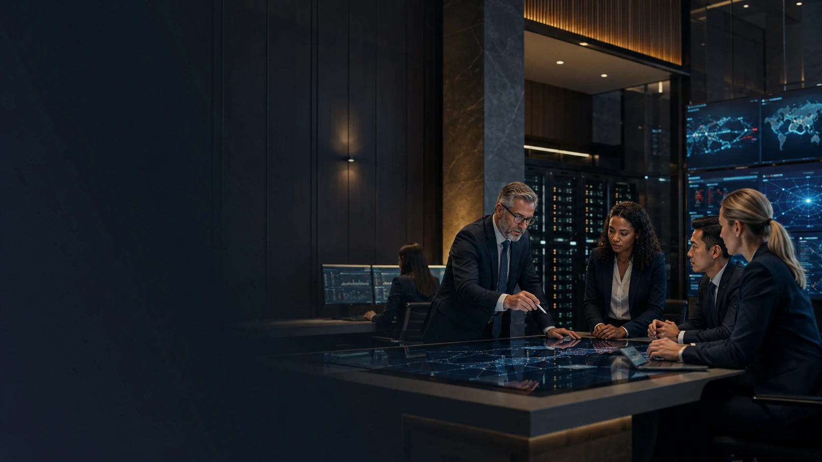 Banking professionals reviewing cybersecurity priorities in a secure technology environment